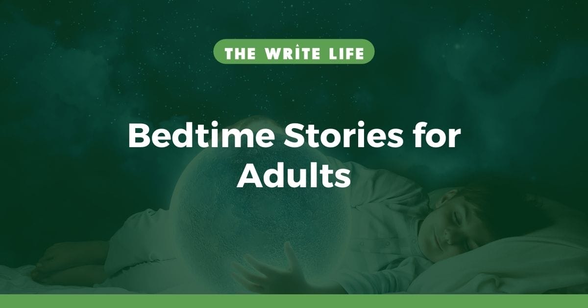 A photo of a child sleeping while clutching a glowing globe-like sphere. The text overlay says Bedtime Stories for Adults