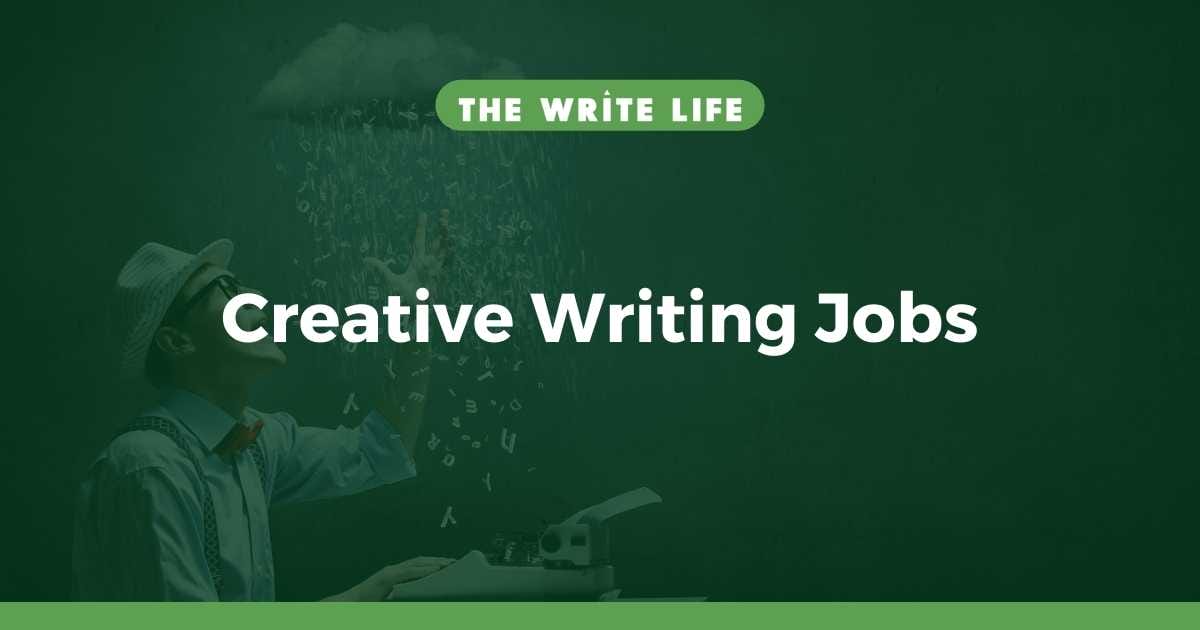 A writer manifesting rain from his light fixture with a computer in front of him. The text overlay says creative writing jobs