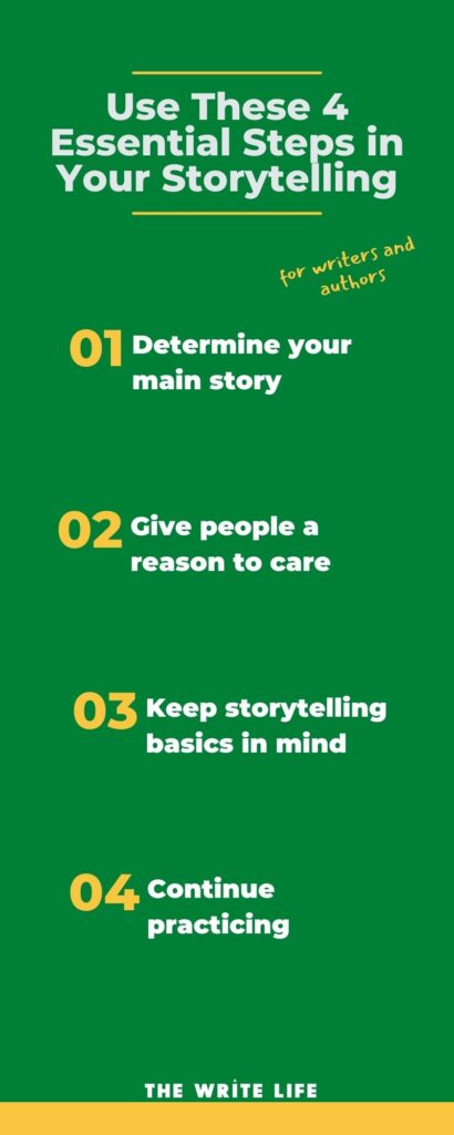 Vertical graphic that says Use these 4 essential steps in your storytelling. 1) determine your story 2) give people a reason to care 3) keep storytelling basics in mind 4) continue practicing