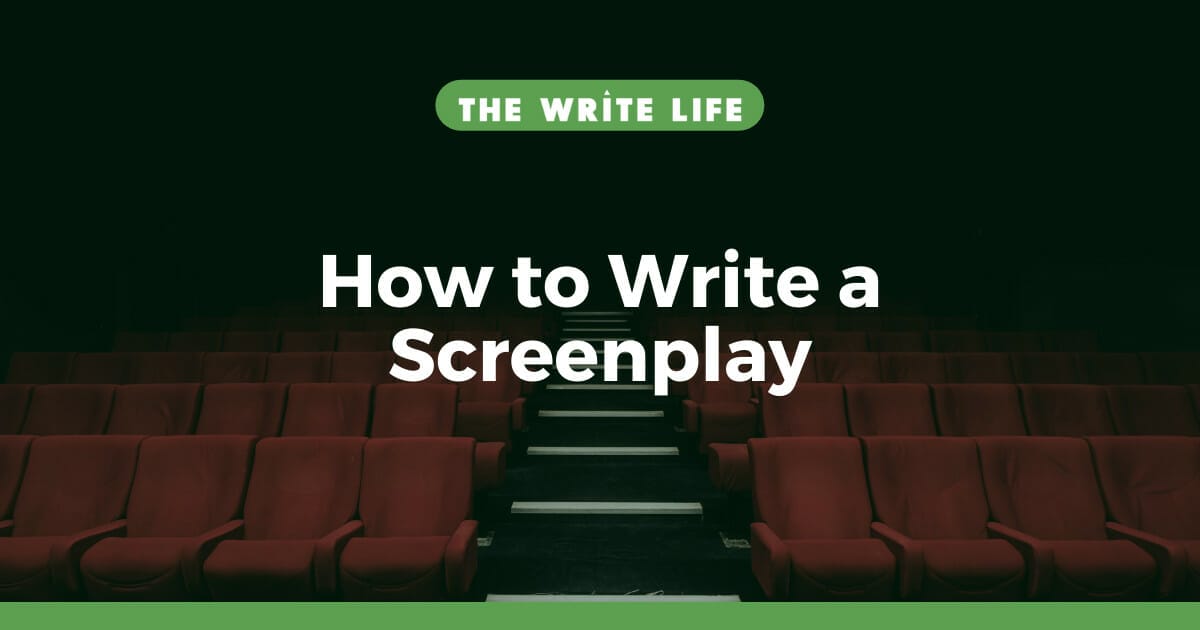Image is an empty theatre with red velvet chairs looking from the screen's perspective. The title text reads "How to Write a Screenplay"