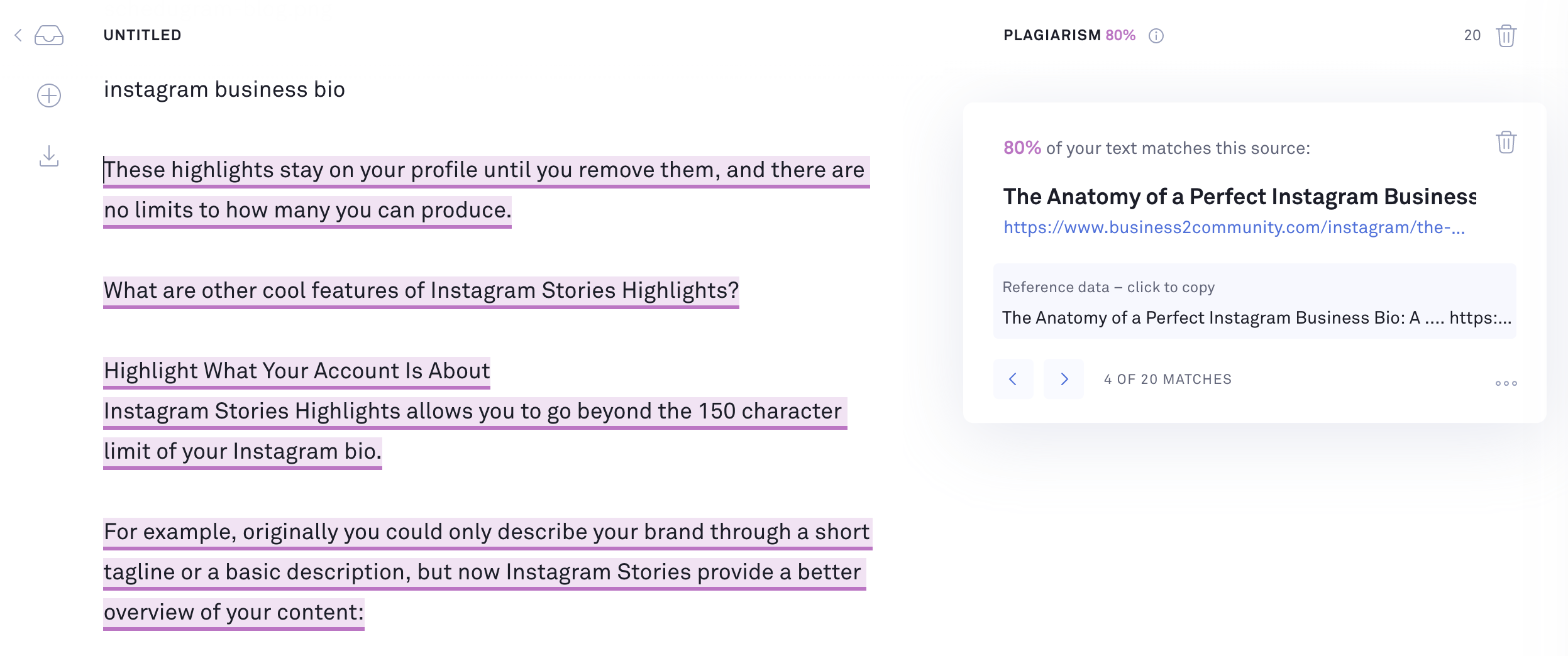 A screenshot of Grammarly's plagiarism checker