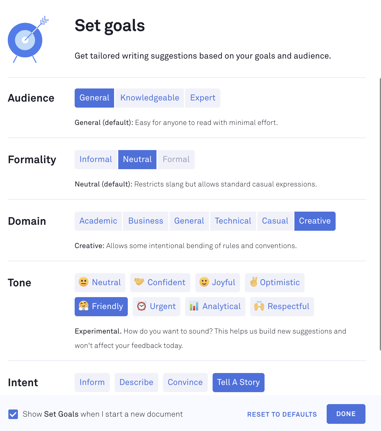 A screenshot of how to set goals within Grammarly