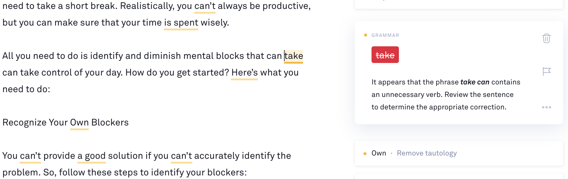 An example of Grammarly showing grammar mistakes