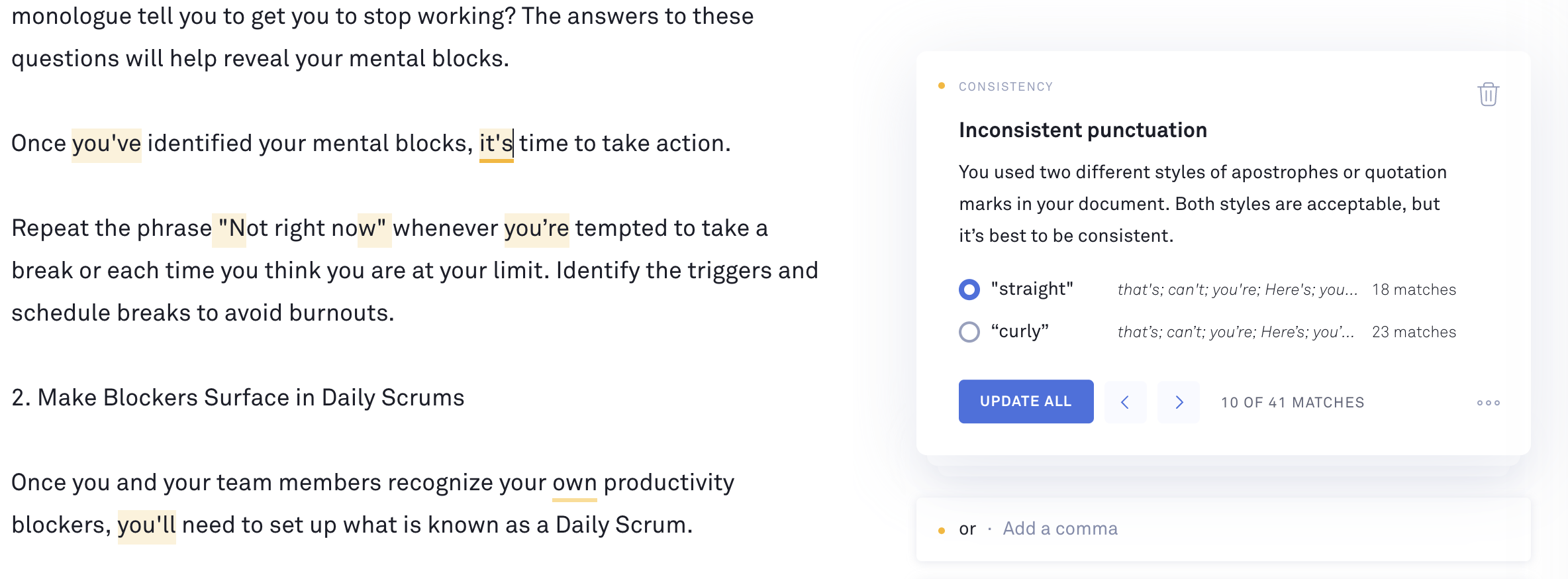 A screenshot of Grammarly's punctuation suggestions.