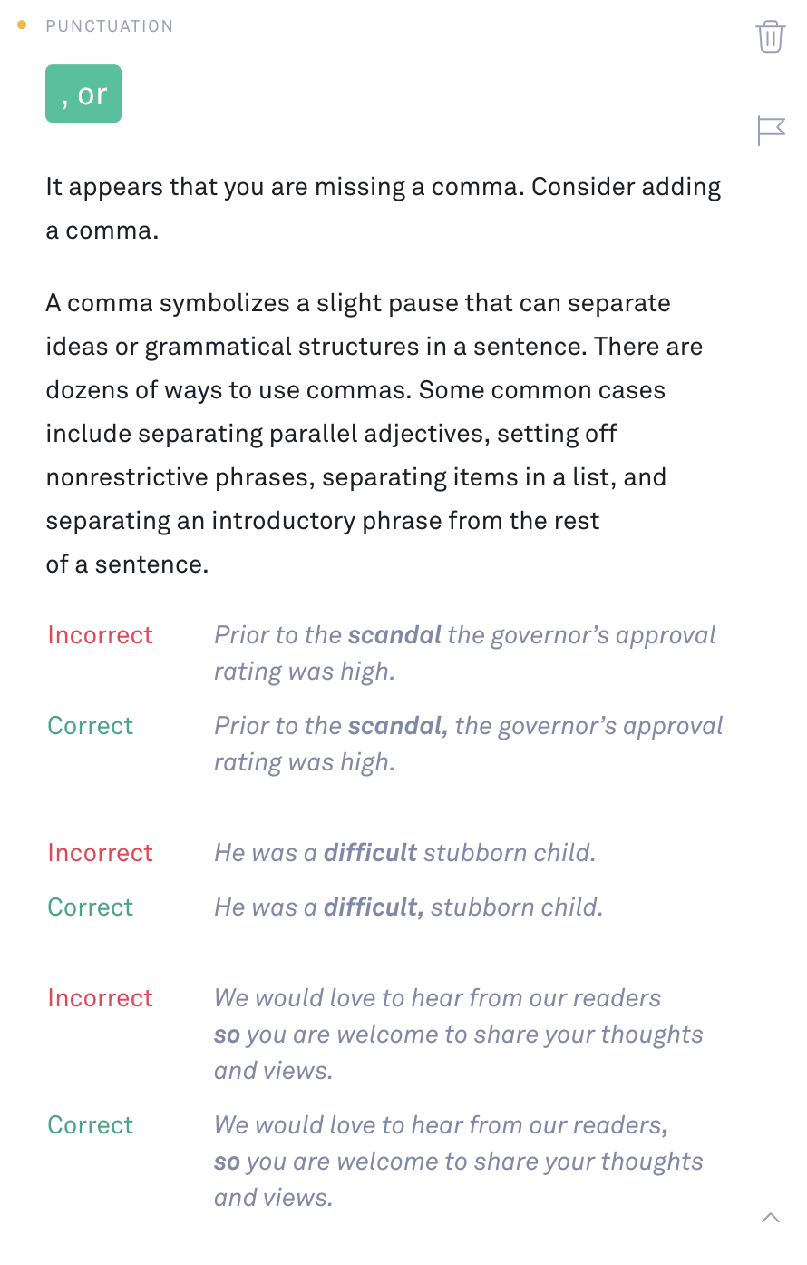 A screenshot of Grammarly’s suggestion includes examples and sample rewrites